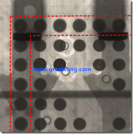 BGA錫球尺寸小于0.4mm，采用降低BGA內(nèi)圍襲球的錫膏量所得到X-Ray，稍微留意一下可以發(fā)現(xiàn)最外圈的錫量(圓的直徑)比其他內(nèi)圍的錫球上的錫量來得多一點點。也就是外圈的黑色圓形直徑比內(nèi)圈的圓形來得大一點點。