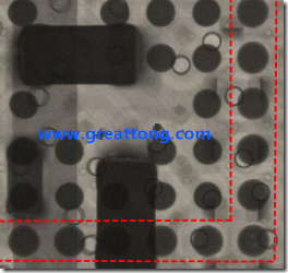 BGA錫球尺寸小于0.4mm，采用降低BGA內(nèi)圍襲球的錫膏量所得到X-Ray，稍微留意一下可以發(fā)現(xiàn)最外圈的錫量(圓的直徑)比其他內(nèi)圍的錫球上的錫量來得多一點點。也就是外圈的黑色圓形直徑比內(nèi)圈的圓形來得大一點點。