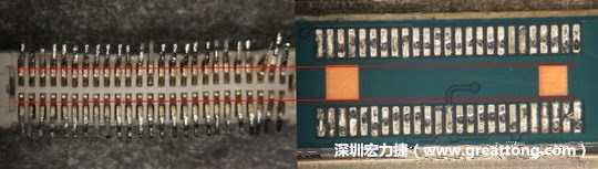 把板對(duì)板連接器與其電路板的佈線焊墊作一個(gè)比較，端子的切斷面有毛邊的地方剛好對(duì)到了裸銅區(qū)。
