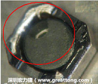 使用錫(Sn)鍍層的電源電感器(Power Inductors)，經(jīng)過推力測試后，其焊點還保留在零件的端點上，所以推力比較高。