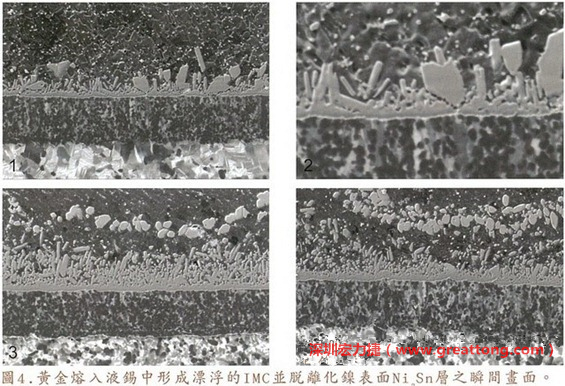 下面四張圖片為放大4500倍的SEM圖像，說(shuō)明在回流焊爐熱量不足的情況下，黃金成份正要從鎳層分離融入焊錫之中的瞬間，當(dāng)零件遭受外力沖擊的時(shí)候就極有可能從這一整排AuSn、、AuSn2或AuSn4的IMC處裂開(kāi)。