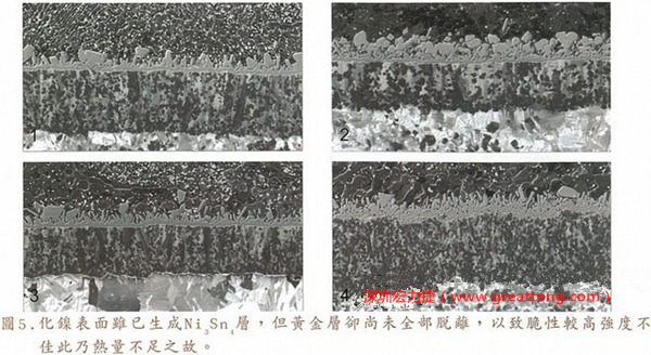 下面四圖顯示，當(dāng)焊接的熱量不足或未持續(xù)時(shí)，雖然Ni3Sn4的薄薄IMC層已經(jīng)生成而焊牢，但也會(huì)因?yàn)锳uSn及AuSn2還未來(lái)得及逸走，而停留在共金介面附近，當(dāng)有外力拉扯的時(shí)候，就很容易斷裂開(kāi)來(lái)。這就是為何ENIG的焊點(diǎn)強(qiáng)度，始終不如銅面焊點(diǎn)(Cu6Sn5)來(lái)得更為牢固的主因之一。