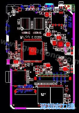 上圖是一個(gè)開發(fā)板的PCB，從布局中可以看出各個(gè)接口電路分離很明確，SDRAM和DDR以及SD卡接口電路等走線不會(huì)造成相互的干擾。-深圳宏力捷