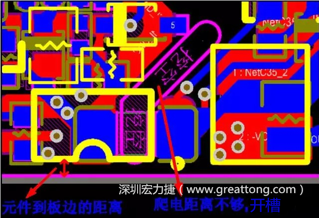 如果碰到模塊PCB空間有限，爬電距離不夠，可以采用開槽的方式