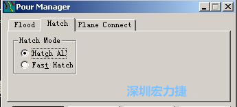 點擊工具欄File→Tools→Pour Manager調(diào)出下圖的覆銅菜單選擇Hatch，Hatch Mode則選Hatch All，按Start進(jìn)行覆銅