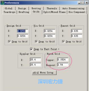  改銅皮的填充網(wǎng)格Global→Design Units，填充方向Drafting→Direction；Hatch Grid中Copper此數(shù)值為大銅箔中所填充的線條中心到中心的距離。