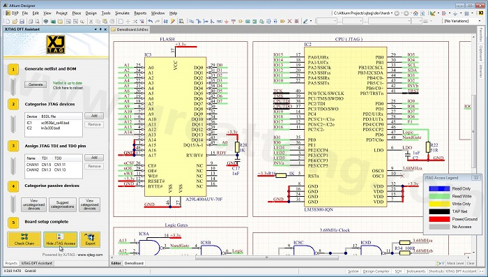XJTAG DFT Assistant的Access Viewer模式可以清楚地顯示可用的測試存取層級，讓電路板設(shè)計人員在展開PCB布局以前的原理圖擷取階段盡可能地提高測試存取能力