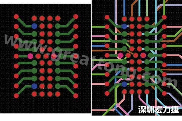 圖7：焊盤內(nèi)過孔用于內(nèi)部，而外部接腳在0.5mm閘格上扇出。圖7a顯示的是頂層(左)；圖7b顯示頂層和內(nèi)部布線層(右)。