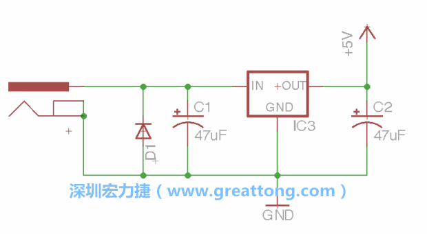 新增RBBB→Power_Jack，將它放在電壓調(diào)整器的輸入端旁邊。
