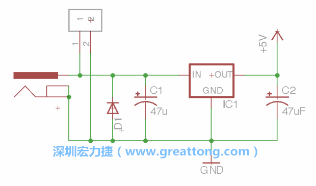 2.5.    新增一個(gè)二極體，它會(huì)以水平的狀態(tài)出現(xiàn)在屏幕上，請(qǐng)使用「旋轉(zhuǎn)（Rotate）」工具把它負(fù)極那一面朝上，并且用「網(wǎng)絡(luò)連接」工具將它連接在電壓調(diào)整器的輸入端和接地端之間。