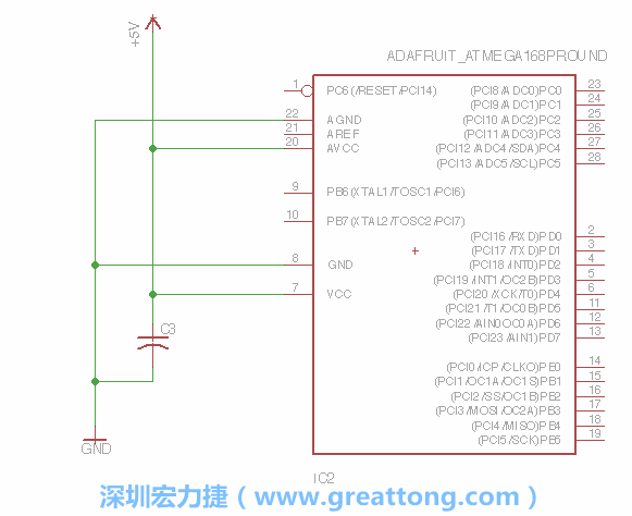 3.1.    新增微控制器晶片（RBBB → ATmega），把它放在電路原理圖的中央附近，把它的兩個接地接頭連接到接地訊號端。