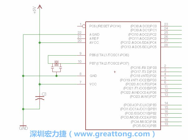 3.2.    在靠近ATmega的電源供應(yīng)針腳7的位置放置一個0.1μF的電容，將它分別連接電源、接地端和針腳7。