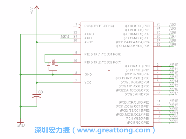 3.3.    將共鳴器（resonator）放置在針腳9和針腳10附近，將它的三個針腳連接如圖所示，并確認最中間的針腳有連到接地端。
