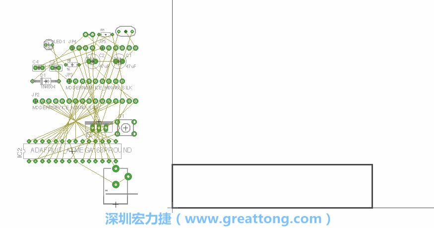第一次執(zhí)行布線編輯器時，你會發(fā)現(xiàn)有兩個區(qū)塊，左邊的區(qū)塊非常混亂，而右邊的區(qū)塊則是一個長方形的工作區(qū)域，EAGLE免費版會限制你的工作區(qū)域在4” x 3.2”的范圍內(nèi)，如果你試圖將元件擺放在工作區(qū)外的話，就會跳出警示訊息。