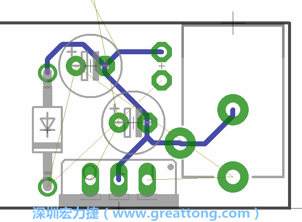當(dāng)你在擺放元件時，要注意元件間的連結(jié)關(guān)系使用「旋轉(zhuǎn)（Rotate）」工具來讓連結(jié)點更接近、更容易布線。舉例來說，我們可以將這邊的二極體轉(zhuǎn)一個方向來縮短和47μF電容間的連結(jié)距離。