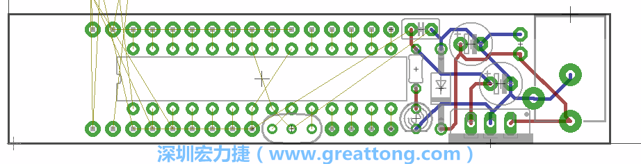 將ATmega微控制器、三個GPIO排針（JP2, JP3, JP4）和諧振器（resonator）排置如上圖所示。