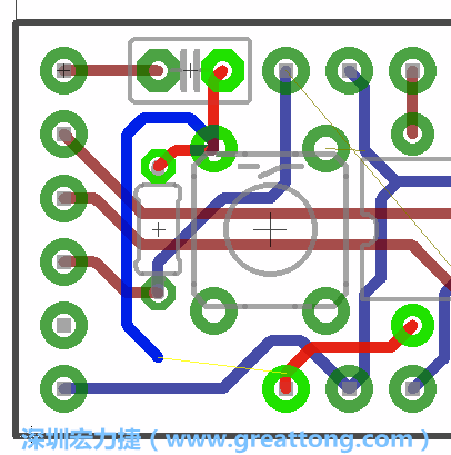 要在電路板正面進行+5V信號線連結(jié)和其他連結(jié)點的布線工作是非常容易的，而重置信號線（信號線用來連結(jié)電路板正面左邊的重置開關(guān)）需要經(jīng)過一個可以通過電路板正反兩面的電路通道，這個通道是一個可以讓電路板正反兩面線路連接的一個小孔。