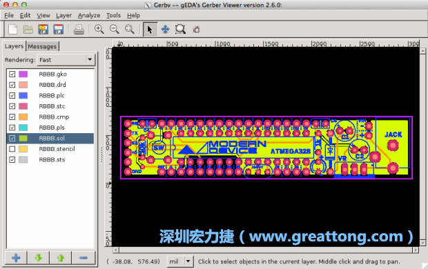將圖層匯入你的Gerber預(yù)覽工具內(nèi)（下圖為Gerbv），我通常會(huì)從上到下重新排列它們的順序，好讓我比較好校對(duì)：
