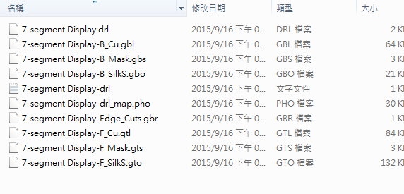 所謂Gerber檔，其實是包含一群檔案 (如下圖所示)，如包含正反面銅箔層 F.Cu B.Cu.，正反面文字面 F.Silkscreen ，B.Silkscreen，防焊層 SolderMask、板邊裁切Edge.Cuts 等。