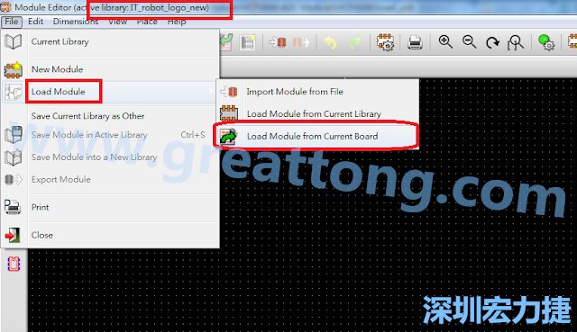 進入Module Editor去載入其他Footprint(Module)進來， 從目前的Active library (不過要先選取一個Current library ) 載入Module 或從目前正在編輯的PCB載入Module。
