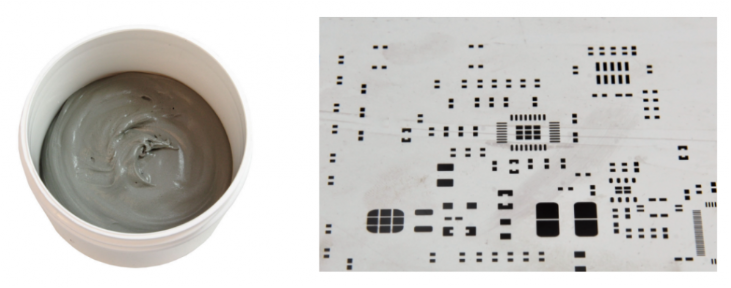 焊膏（左），PCB模板激光切割孔（右）